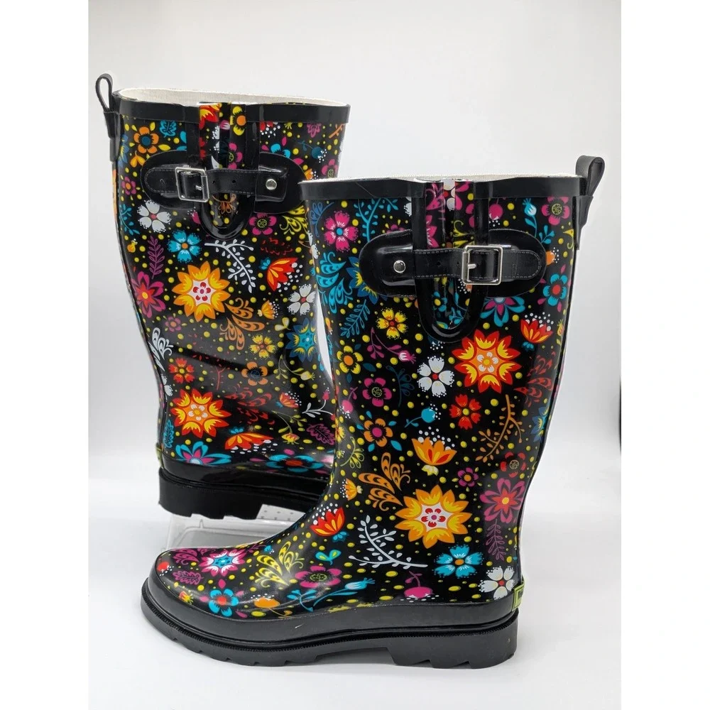Western Chief Garden Floral Rain Boots Women's Sz 8 Waterproof Rubber Mid Calf